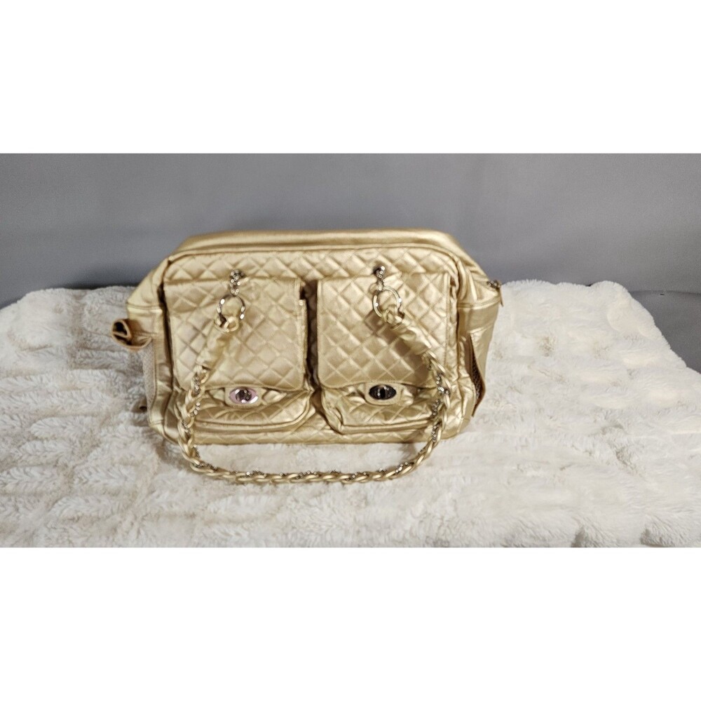 Pet Royalty Small Dog Tote Carrier Travel  Quilted Gold Faux Leather GLAM